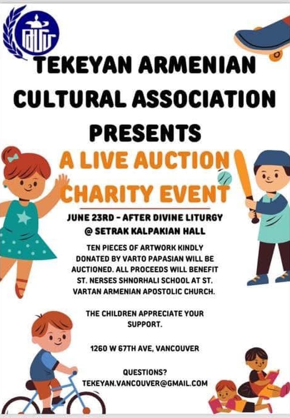 Flyer for the TCA Vancouver live auction charity event in aid of St. Nerses Shnorhali School