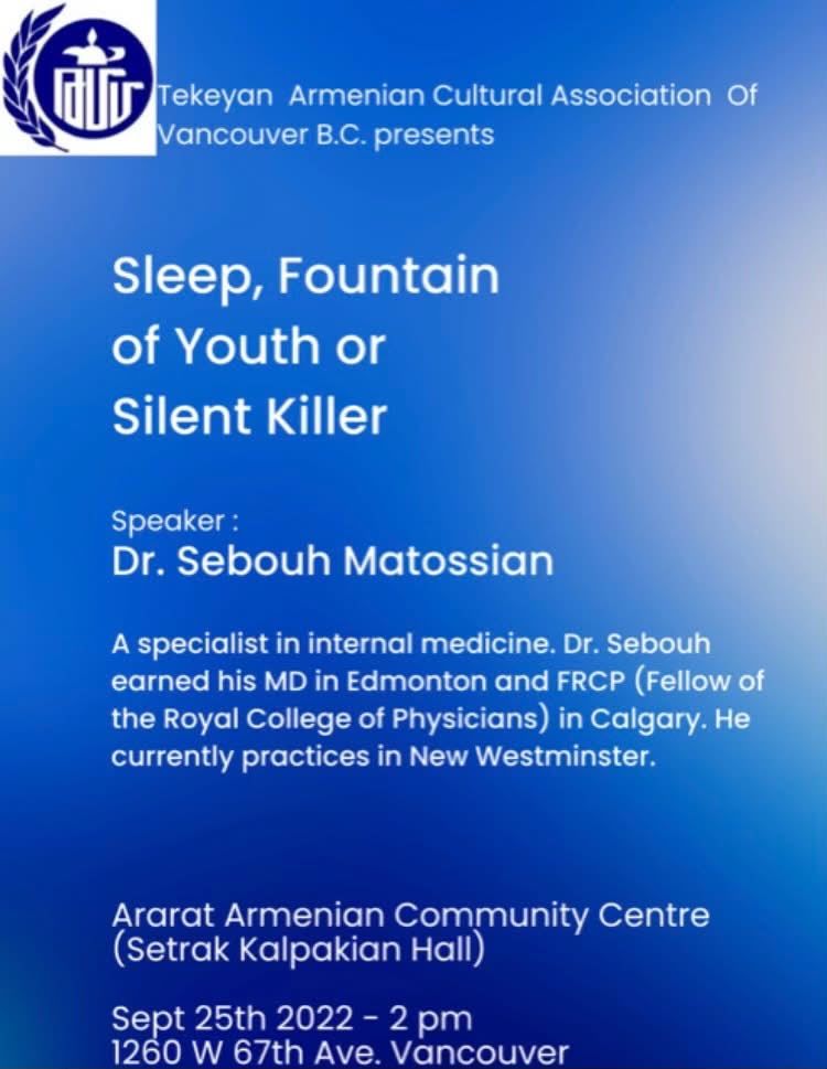 Flyer for the TCA Vancouver talk Sleep, Fountain of Youth or Silent Killer